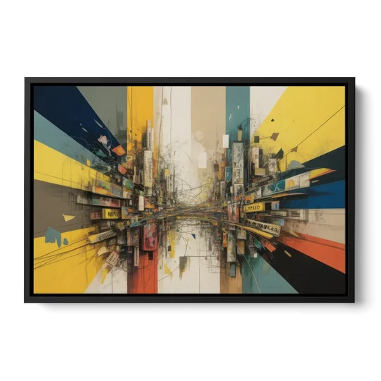 Dynamic City Layers Yellow Abstract - Black Framed Canvas Wall Art - Front