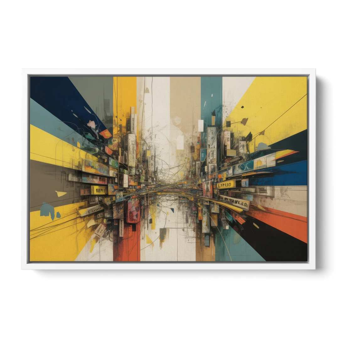 Dynamic City Layers Yellow Abstract - White Framed Canvas Wall Art - Front