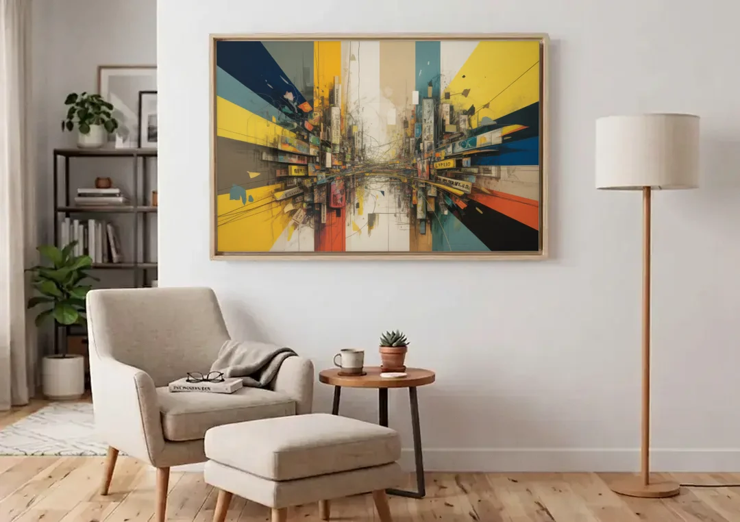 Dynamic City Layers Yellow Abstract canvas wall art above an armchair in a bright living room