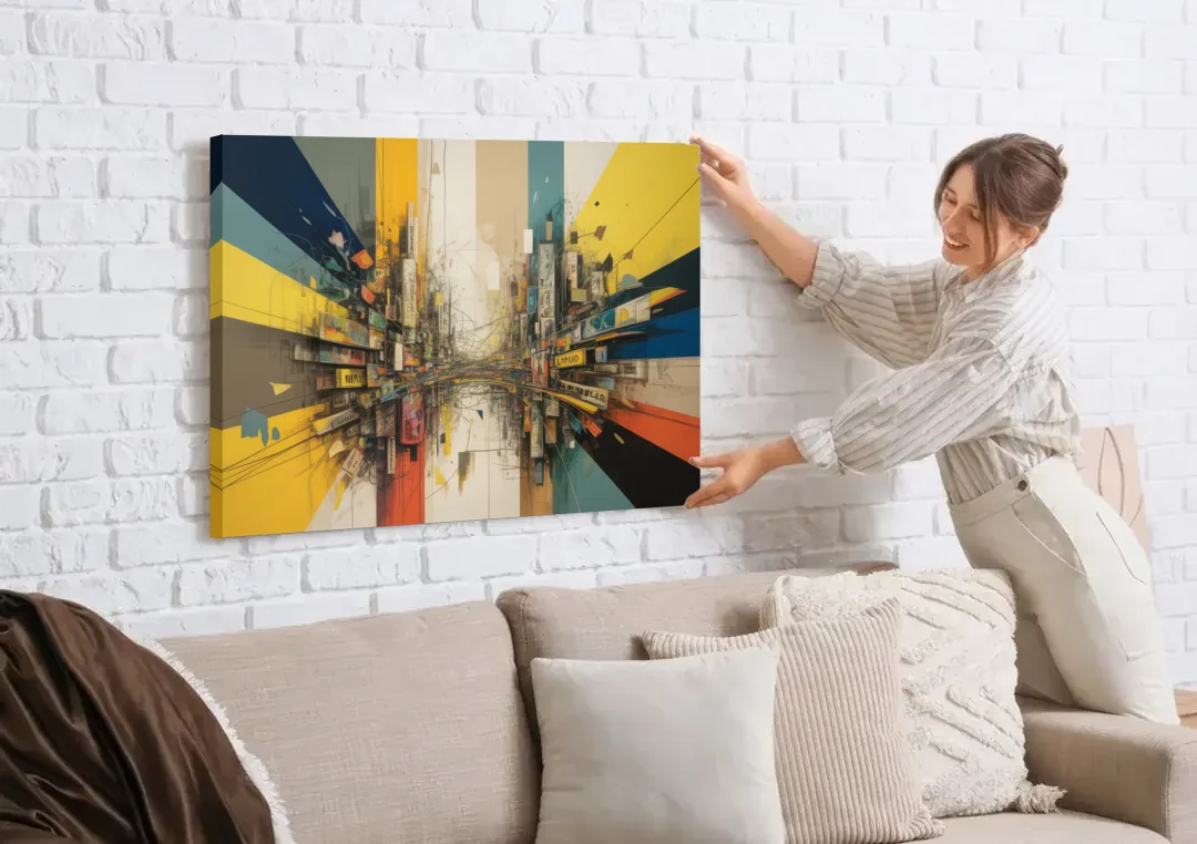 Dynamic City Layers Yellow Abstract canvas wall art being hung on a white brick wall above a sofa