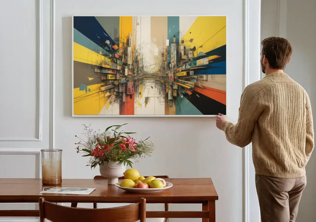 Dynamic City Layers Yellow Abstract canvas wall art above a dining table