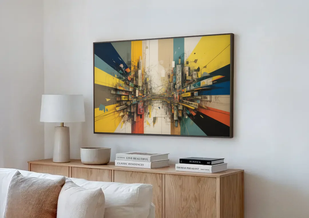 Dynamic City Layers Yellow Abstract canvas wall art above a wooden sideboard next to a sofa