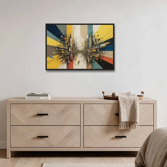 Dynamic City Layers Yellow Abstract - Black Framed Canvas Wall Art - Coffee Table - 36x24