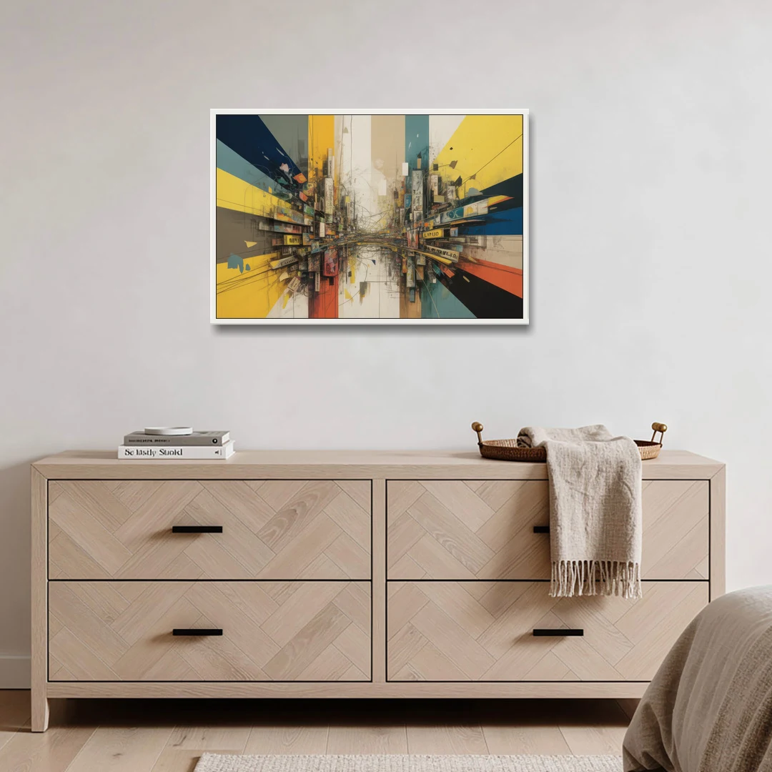 Dynamic City Layers Yellow Abstract - White Framed Canvas Wall Art - Coffee Table - 36x24