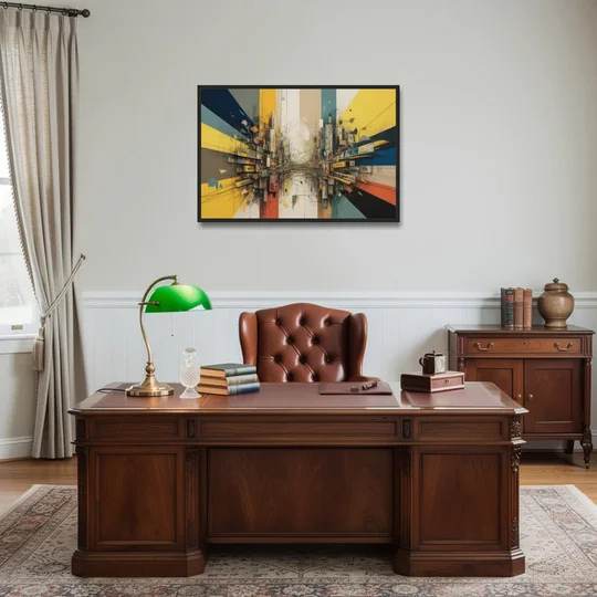 Dynamic City Layers Yellow Abstract - Black Framed Canvas Wall Art - Office - 36x24