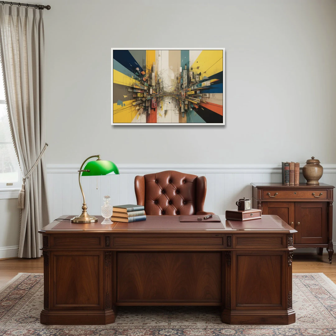 Dynamic City Layers Yellow Abstract - White Framed Canvas Wall Art - Office - 36x24