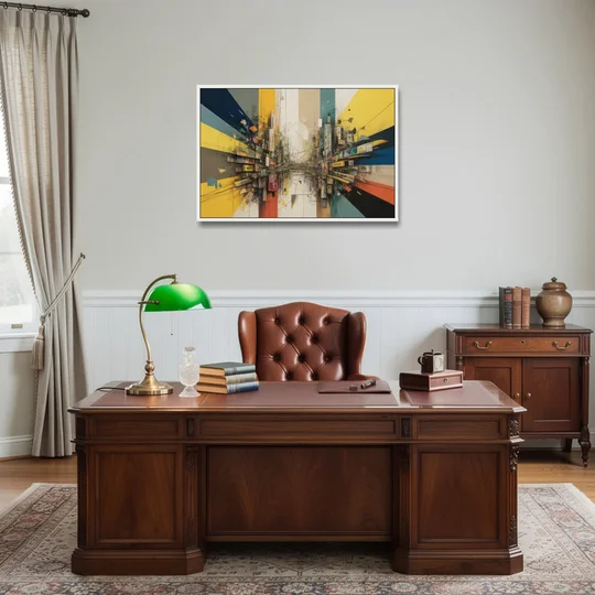 Dynamic City Layers Yellow Abstract - White Framed Canvas Wall Art - Office - 36x24