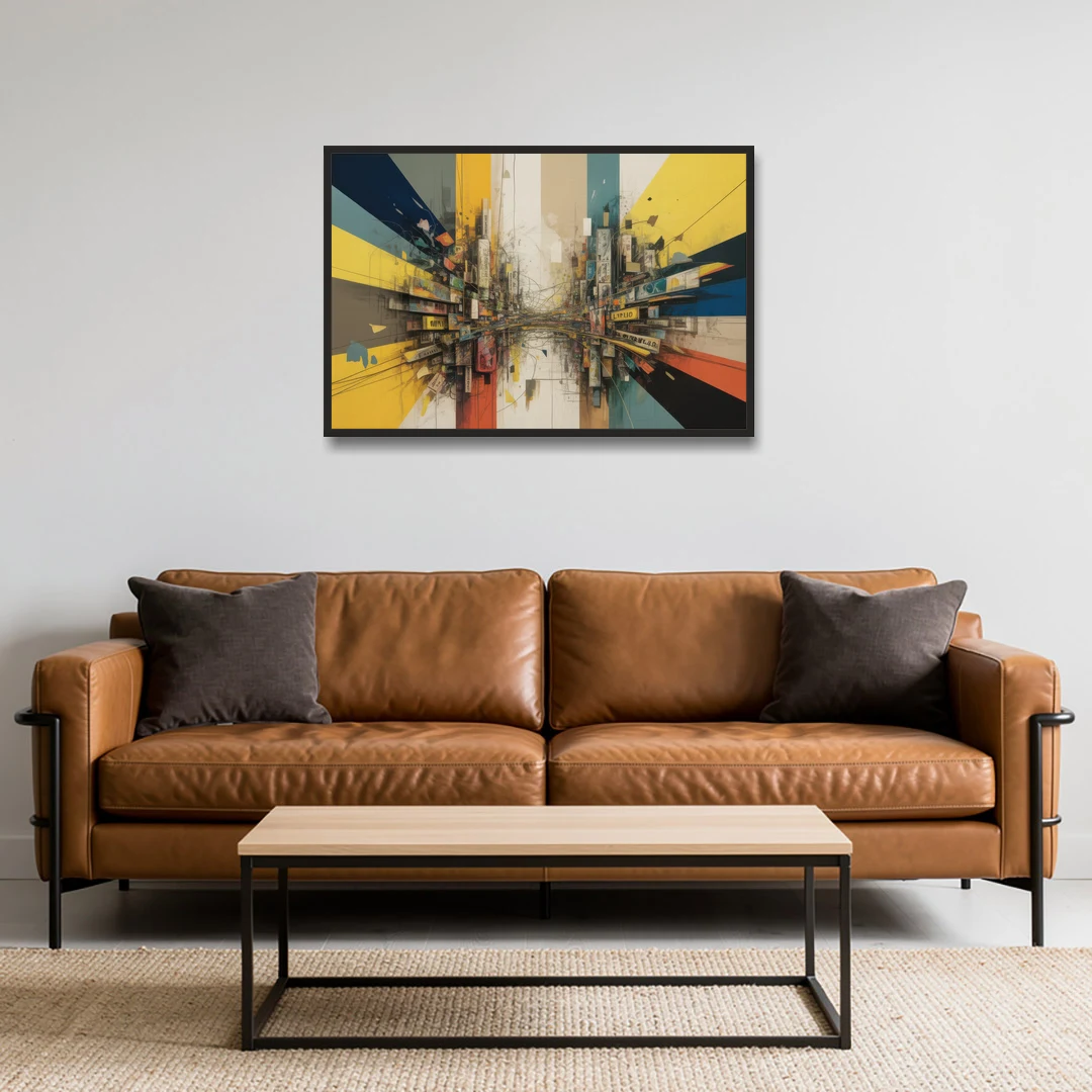 Dynamic City Layers Yellow Abstract - Black Framed Canvas Wall Art - Sofa - 36x24