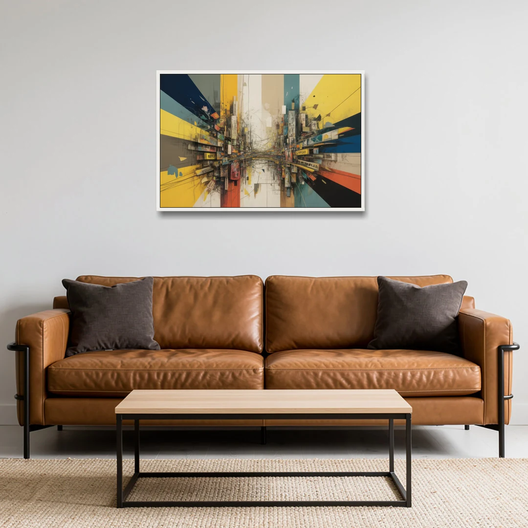 Dynamic City Layers Yellow Abstract - White Framed Canvas Wall Art - Sofa - 36x24