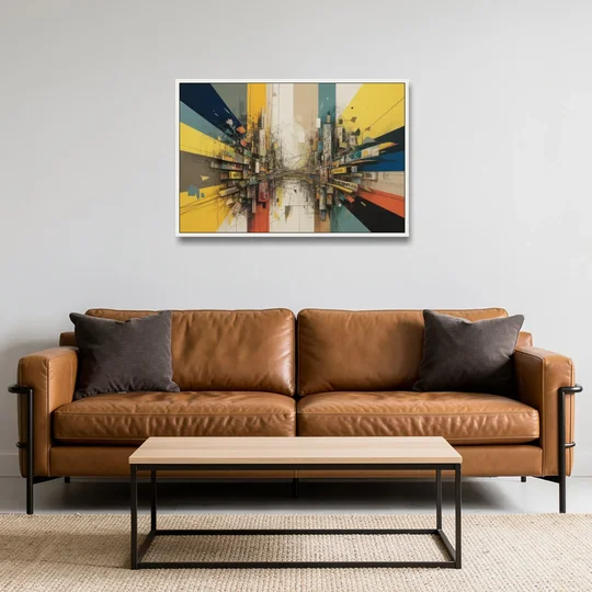Dynamic City Layers Yellow Abstract - White Framed Canvas Wall Art - Sofa - 36x24