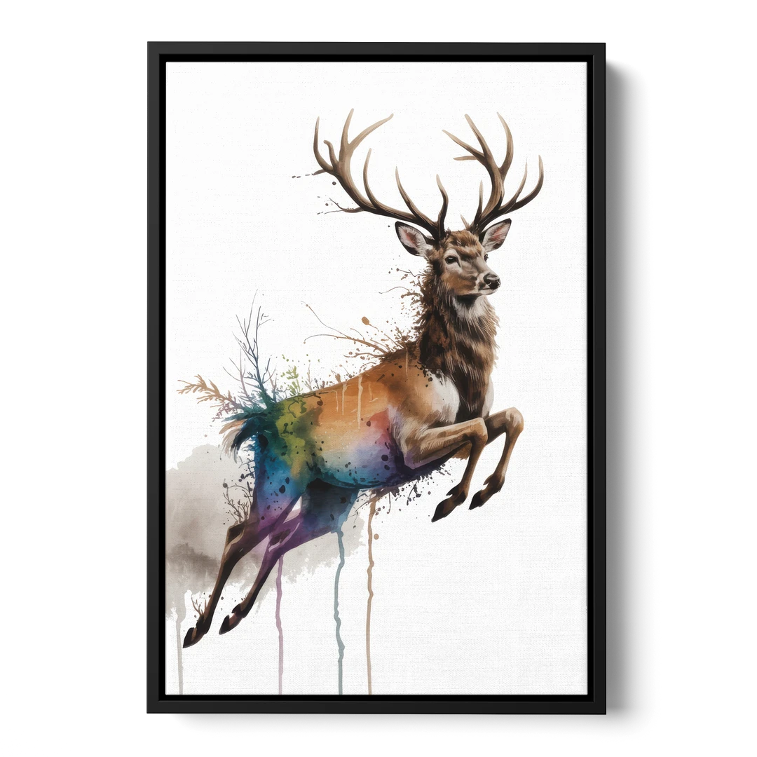 Dynamic Deer Leap - Black Framed Canvas Wall Art - Front