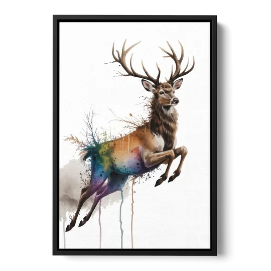 Dynamic Deer Leap - Black Framed Canvas Wall Art - Front