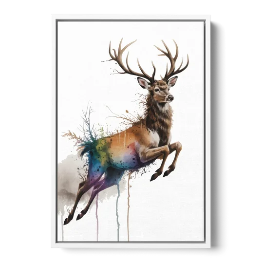 Dynamic Deer Leap - White Framed Canvas Wall Art - Front