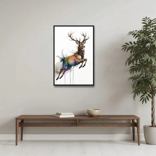 Dynamic Deer Leap - Black Framed Canvas Wall Art - Coffee Table - 24x36