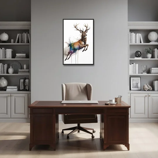 Dynamic Deer Leap - Black Framed Canvas Wall Art - Office - 24x36
