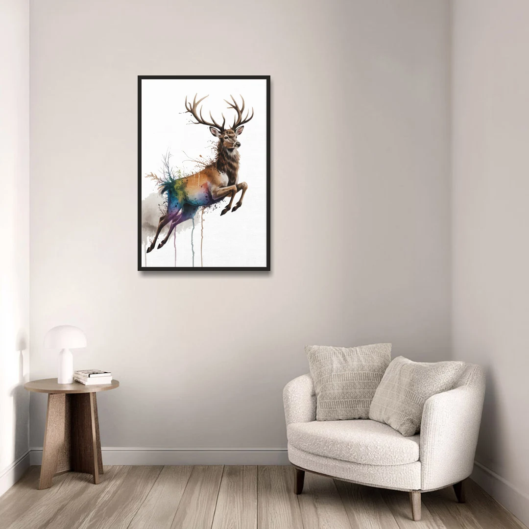 Dynamic Deer Leap - Black Framed Canvas Wall Art - Sofa - 24x36