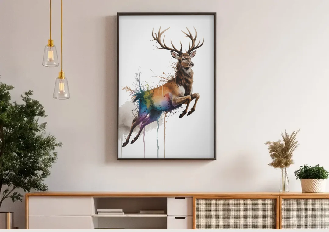Dynamic Deer Leap canvas wall art above a wooden sideboard under pendant lights