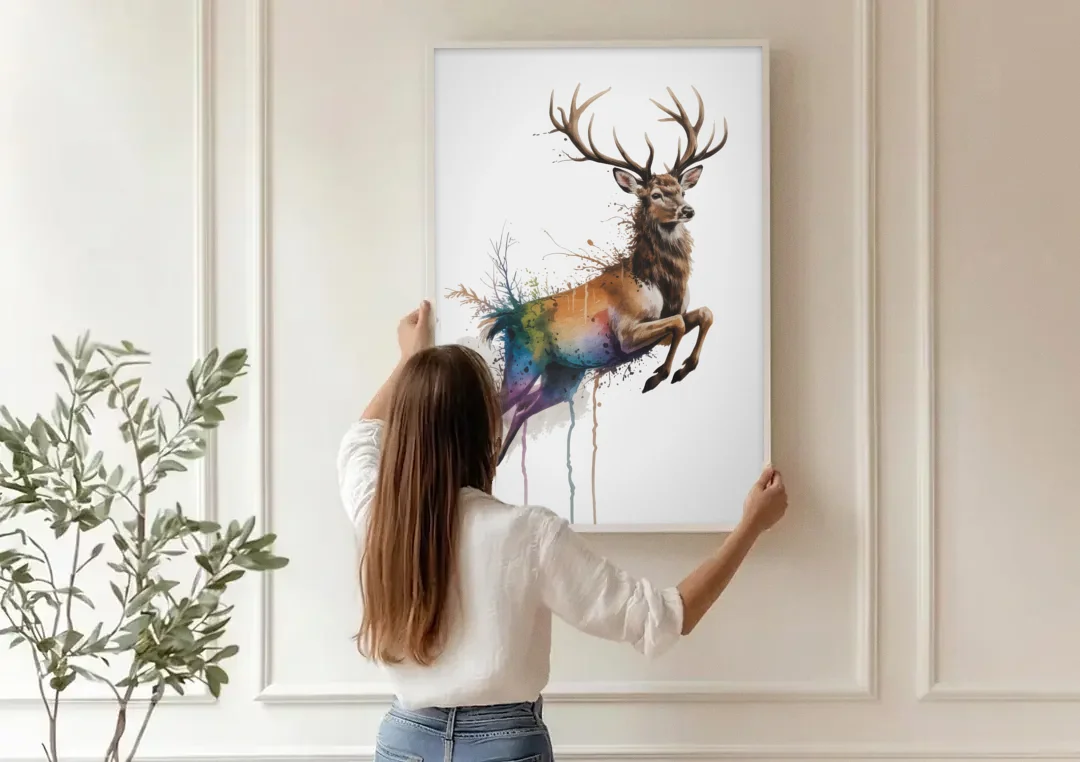 Dynamic Deer Leap canvas wall art being hung on a paneled wall