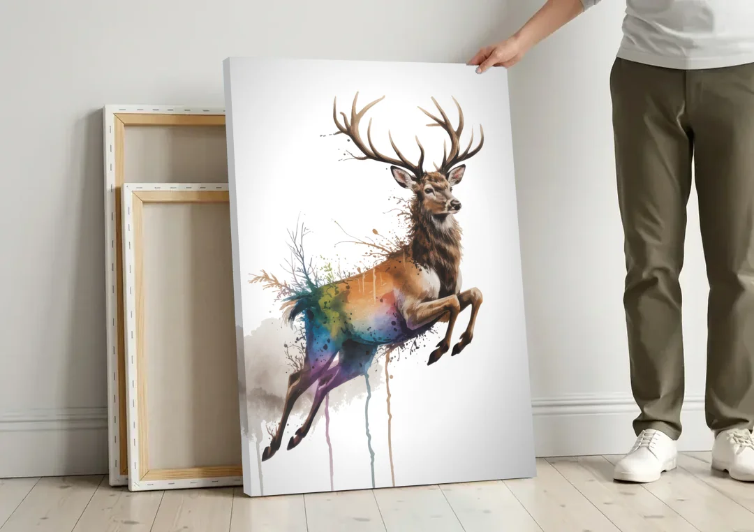 Dynamic Deer Leap canvas wall art leaning against a wall next to blank canvases