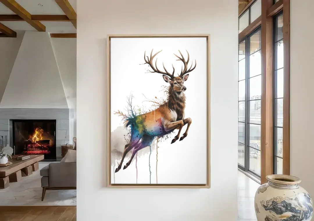 Dynamic Deer Leap canvas wall art in a living room with a fireplace