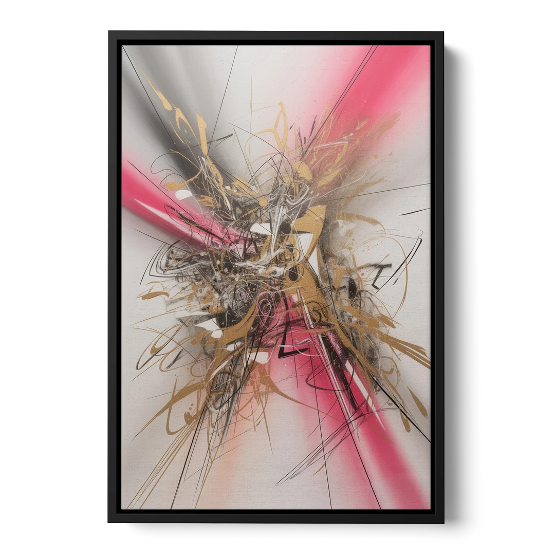 Dynamic Geometric Harmony Pink and Gold Abstract - Black Framed Canvas Wall Art - Front