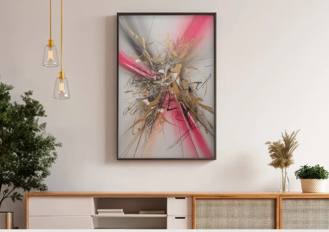 Dynamic Geometric Harmony Pink and Gold Abstract canvas wall art above a wooden sideboard under pendant lights