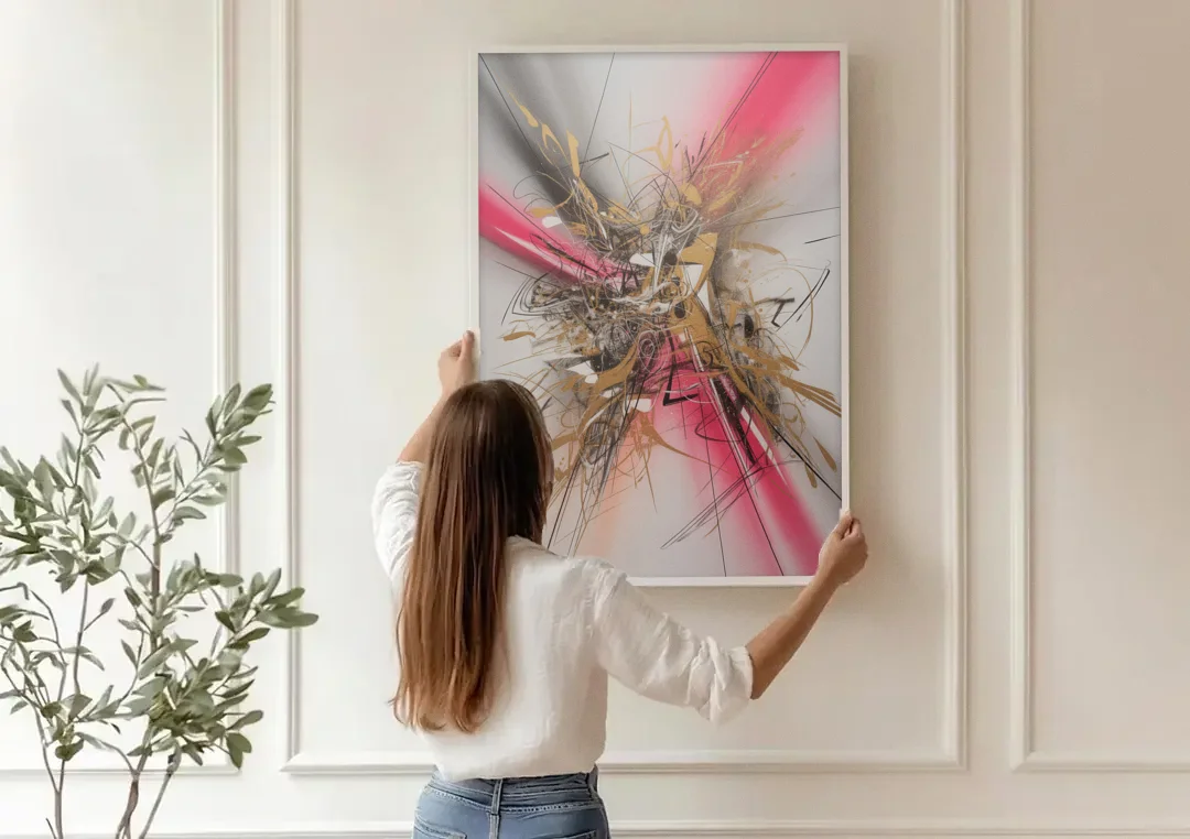 Dynamic Geometric Harmony Pink and Gold Abstract canvas wall art being hung on a paneled wall