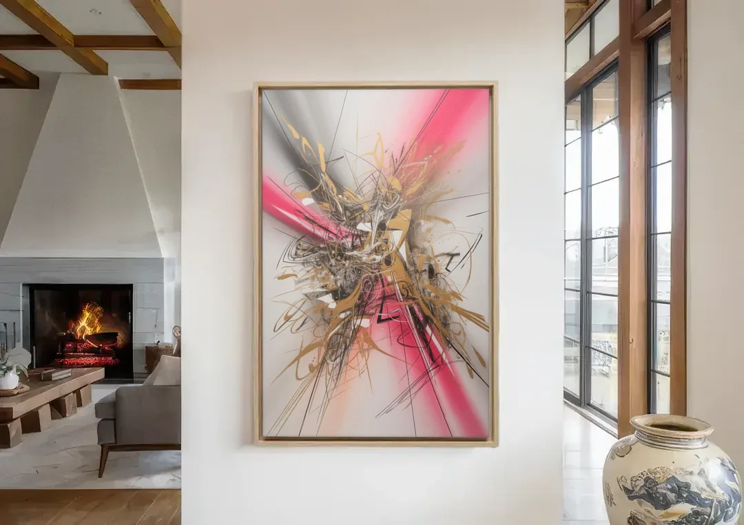 Dynamic Geometric Harmony Pink and Gold Abstract canvas wall art in a living room with a fireplace