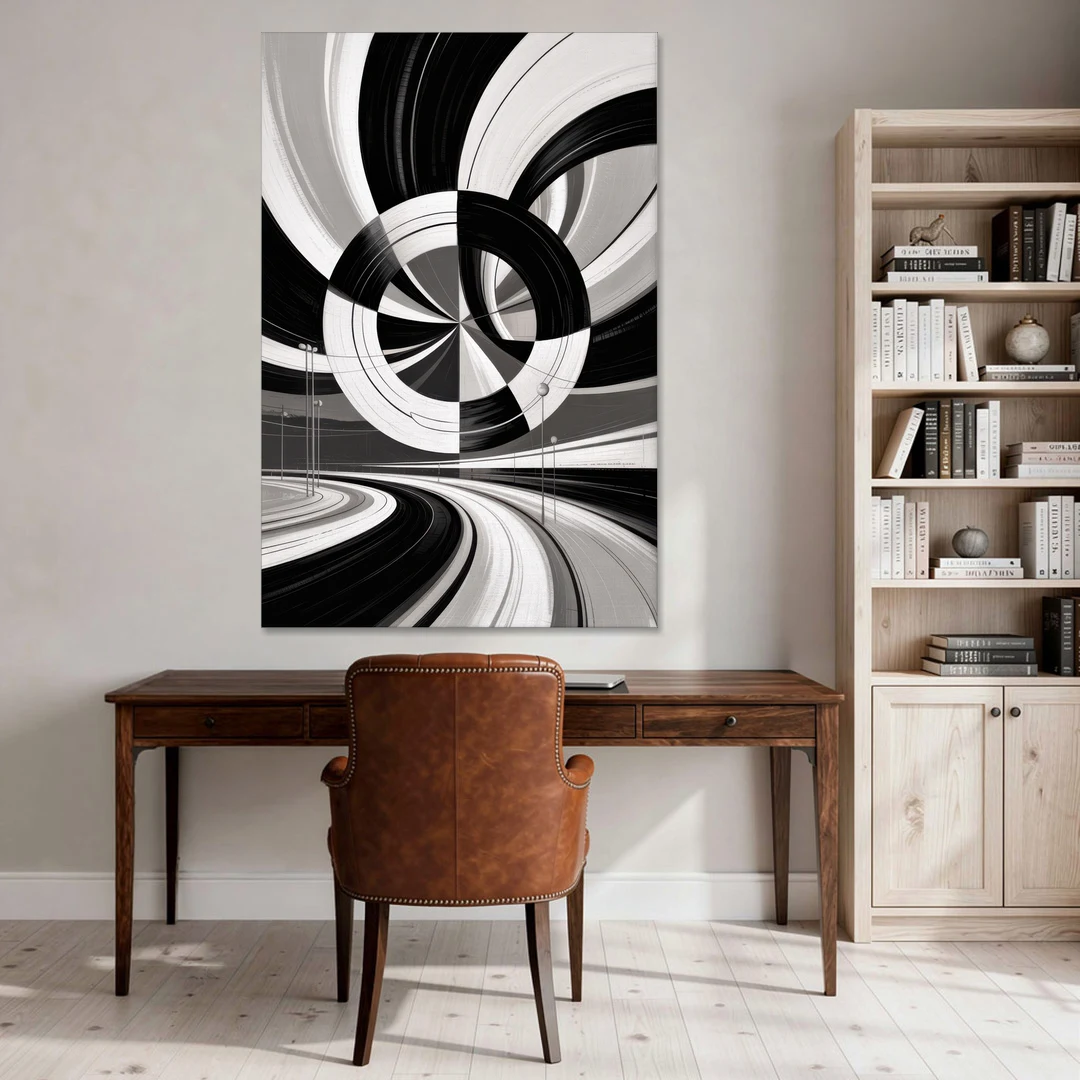 Dynamic Geometric Motion Black and White Abstract - Canvas Wall Art - Office - 40x60