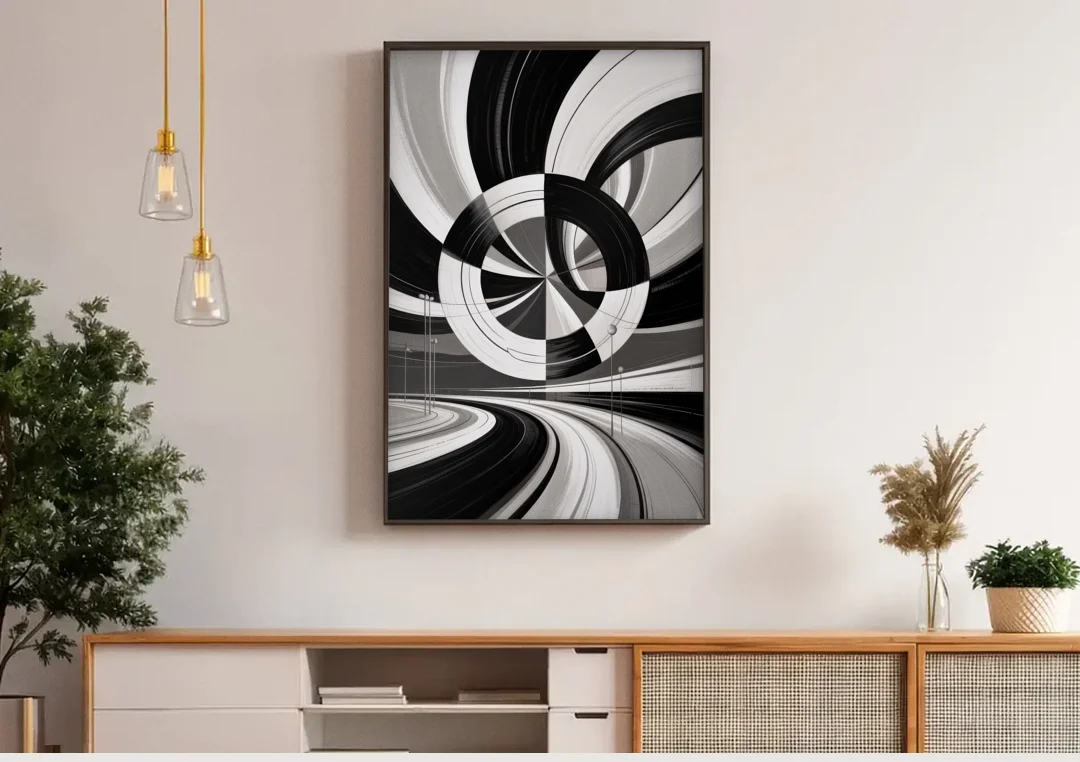 Dynamic Geometric Motion Black and White Abstract canvas wall art above a wooden sideboard under pendant lights