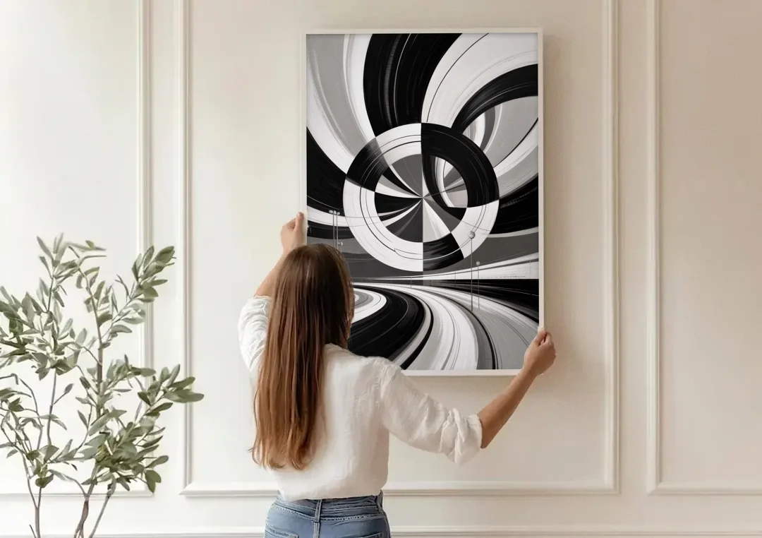 Dynamic Geometric Motion Black and White Abstract canvas wall art being hung on a paneled wall