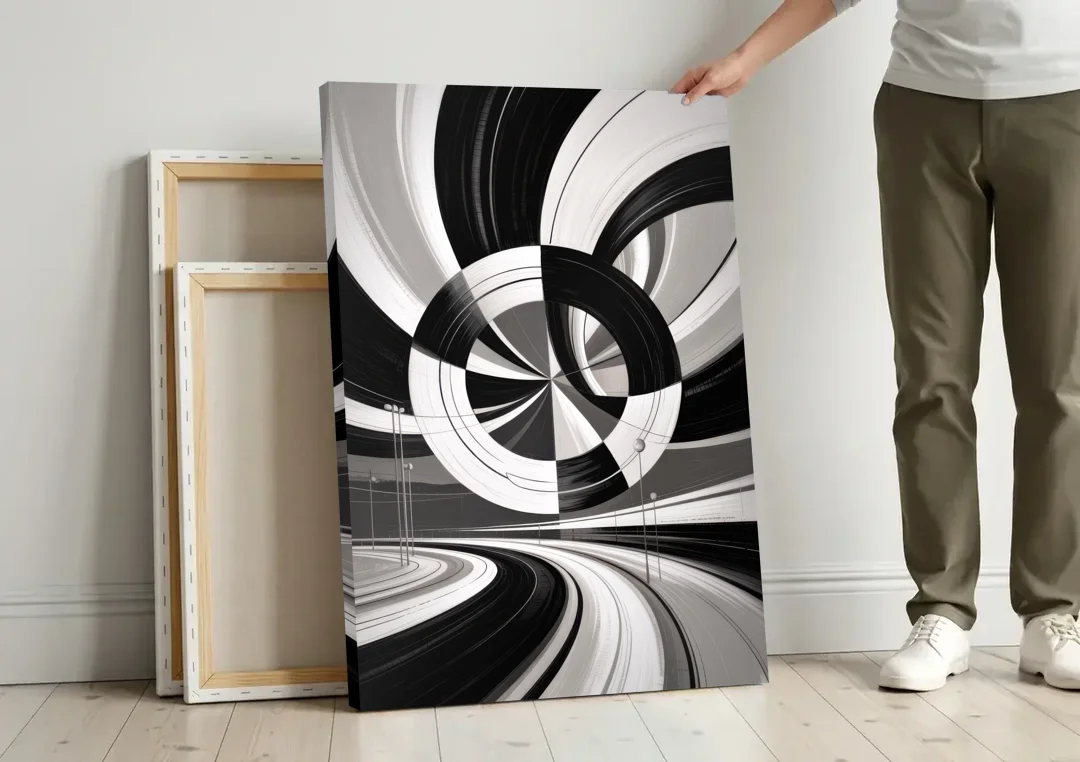 Dynamic Geometric Motion Black and White Abstract canvas wall art leaning against a wall next to blank canvases