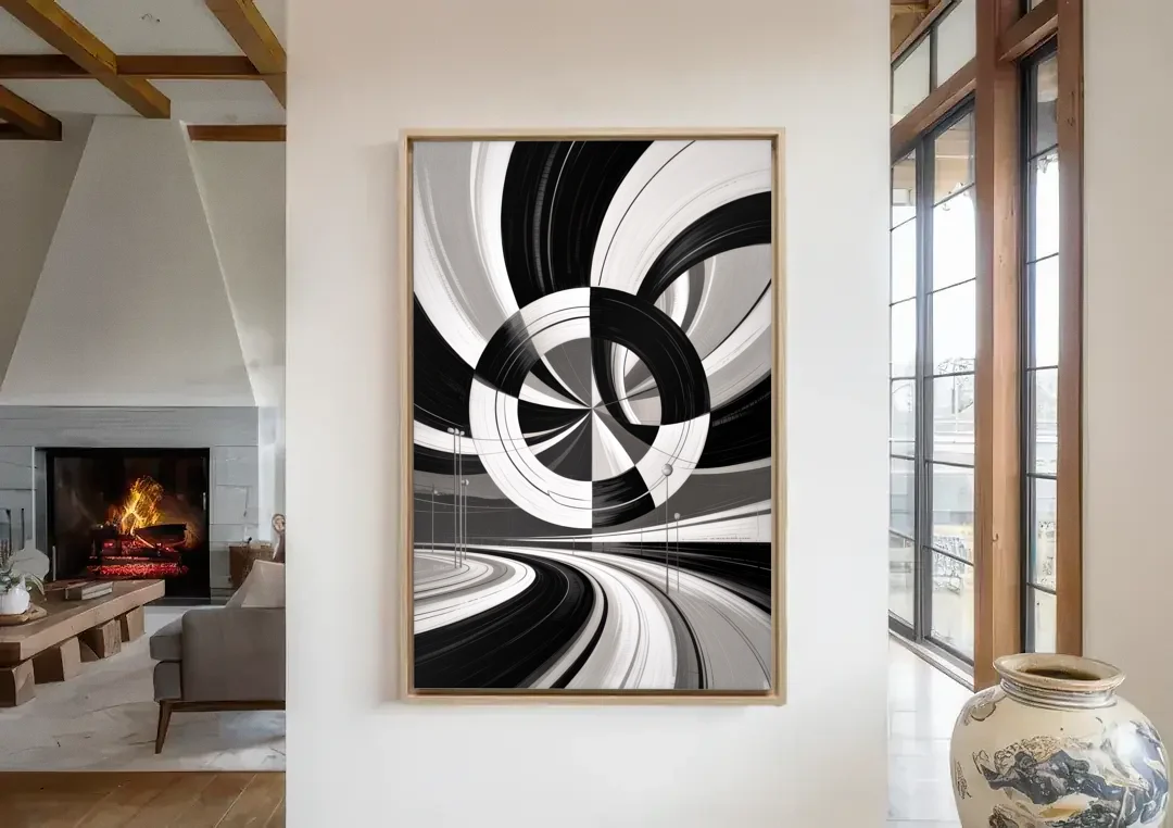 Dynamic Geometric Motion Black and White Abstract canvas wall art in a living room with a fireplace
