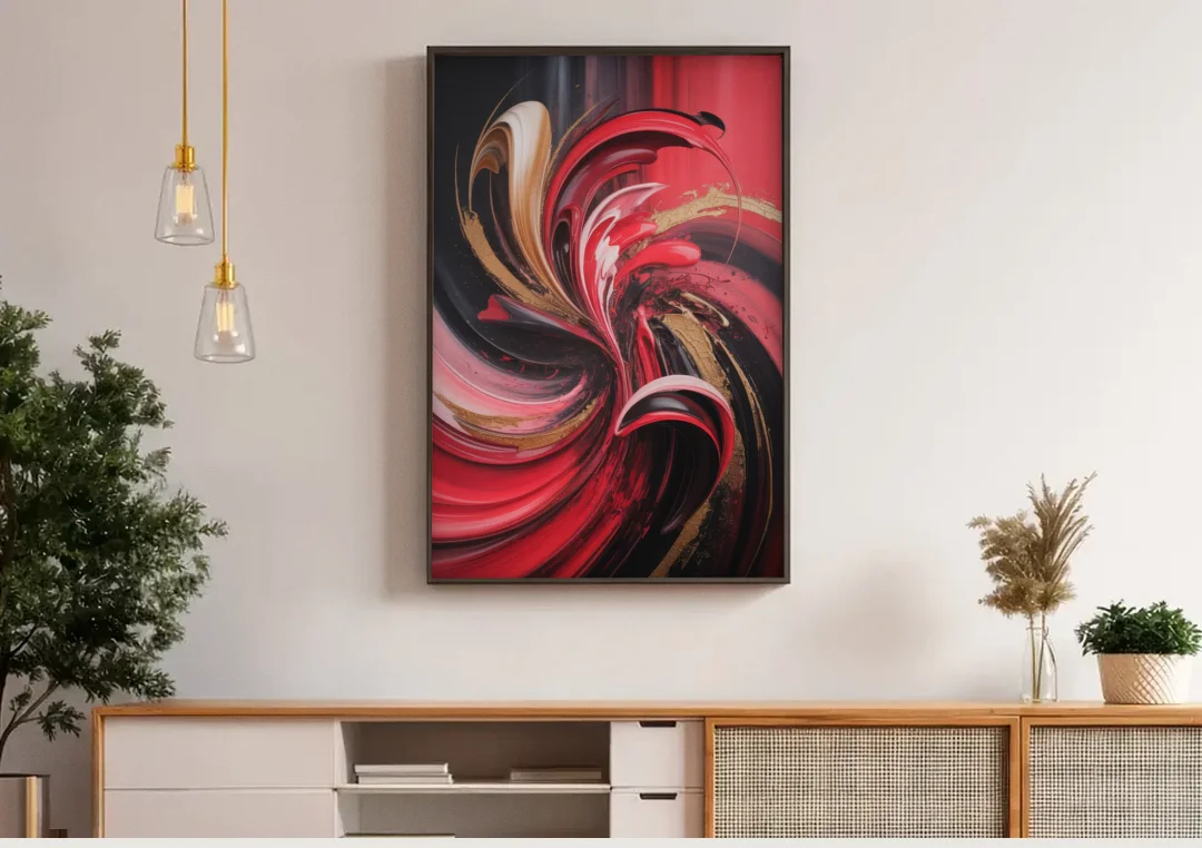 Dynamic Swirl Red Abstract canvas wall art above a wooden sideboard under pendant lights