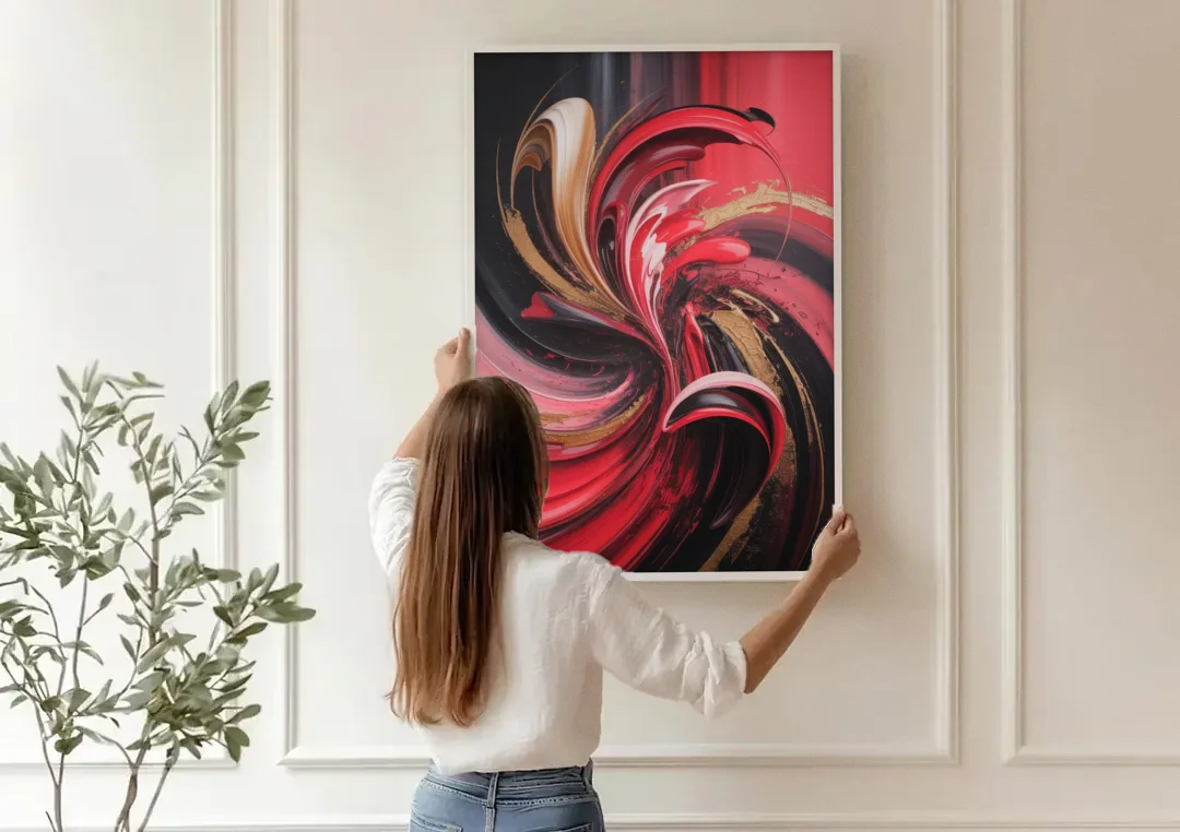 Dynamic Swirl Red Abstract canvas wall art being hung on a paneled wall