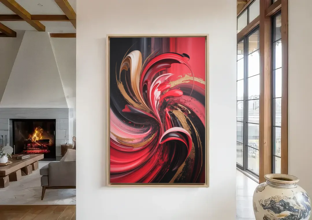 Dynamic Swirl Red Abstract canvas wall art in a living room with a fireplace