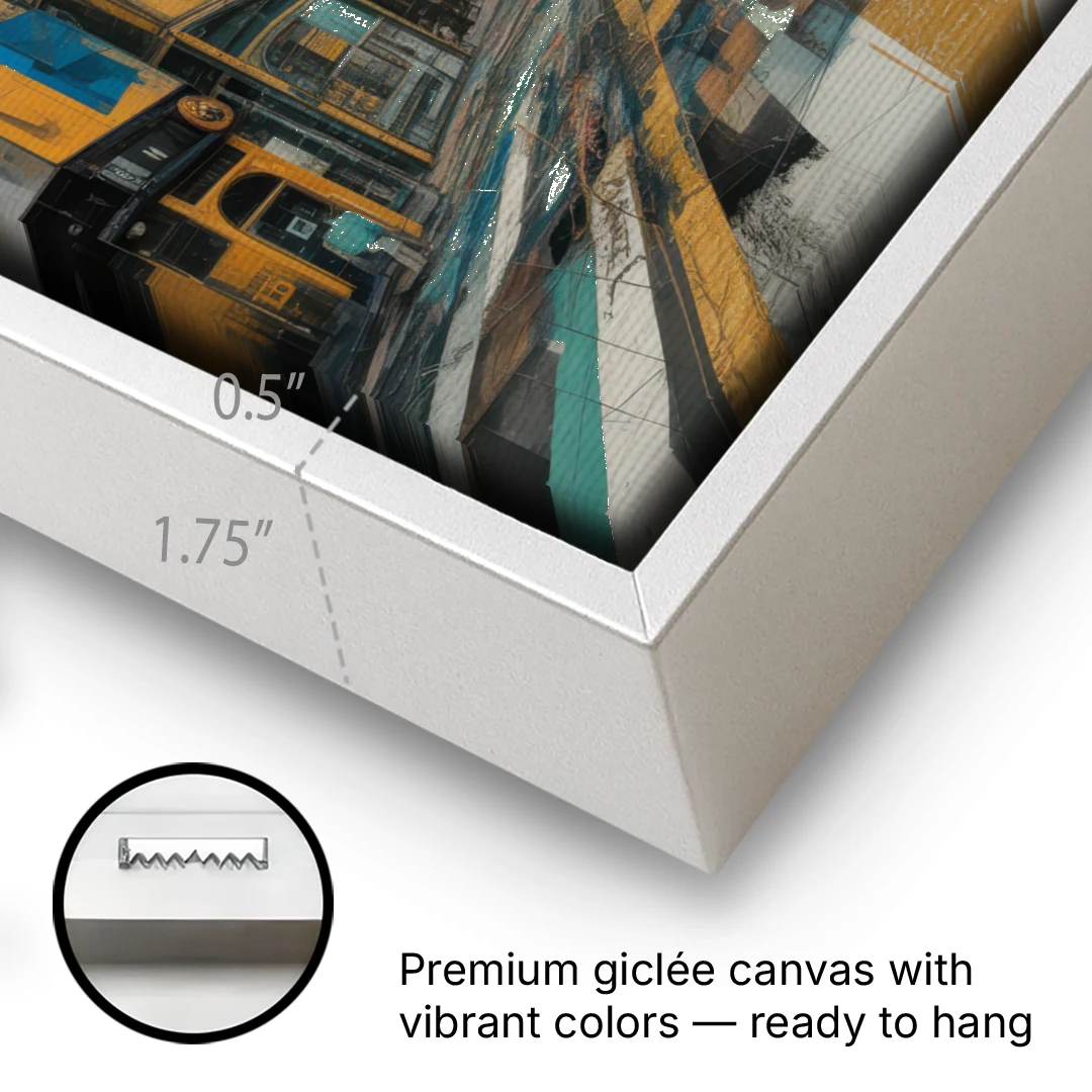 Dynamic Urban Layers Blue and Gold Abstract - White Framed Canvas Wall Art - Gallery Wrap Corner