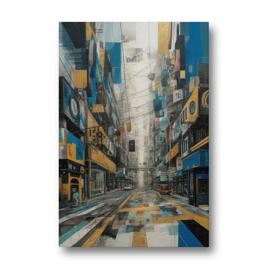 Dynamic Urban Layers Blue and Gold Abstract - Canvas Wall Art - Front