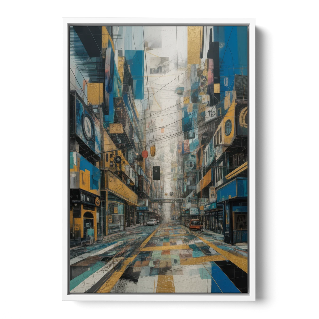 Dynamic Urban Layers Blue and Gold Abstract - White Framed Canvas Wall Art - Front