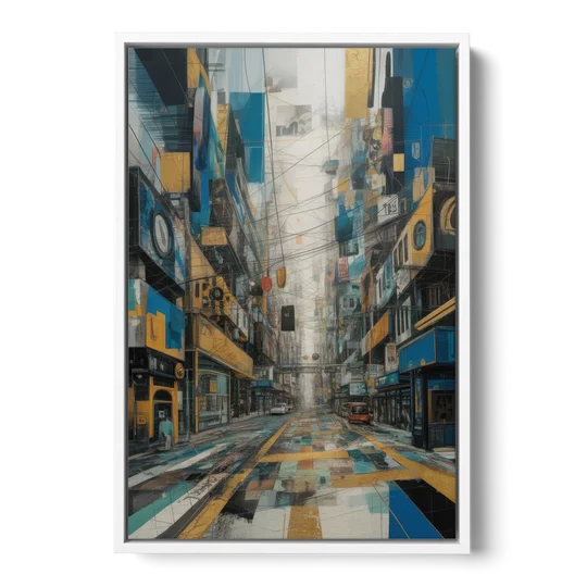 Dynamic Urban Layers Blue and Gold Abstract - White Framed Canvas Wall Art - Front
