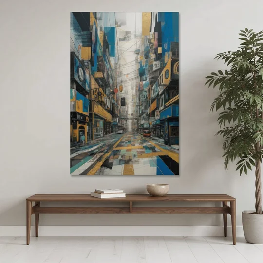 Dynamic Urban Layers Blue and Gold Abstract - Canvas Wall Art - Coffee Table - 40x60