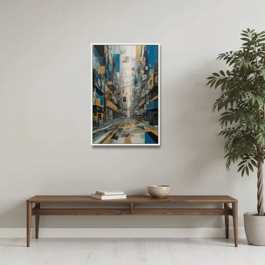 Dynamic Urban Layers Blue and Gold Abstract - White Framed Canvas Wall Art - Coffee Table - 24x36