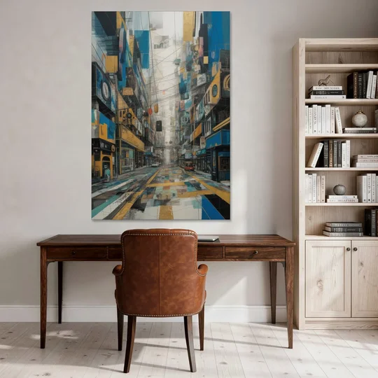 Dynamic Urban Layers Blue and Gold Abstract - Canvas Wall Art - Office - 40x60