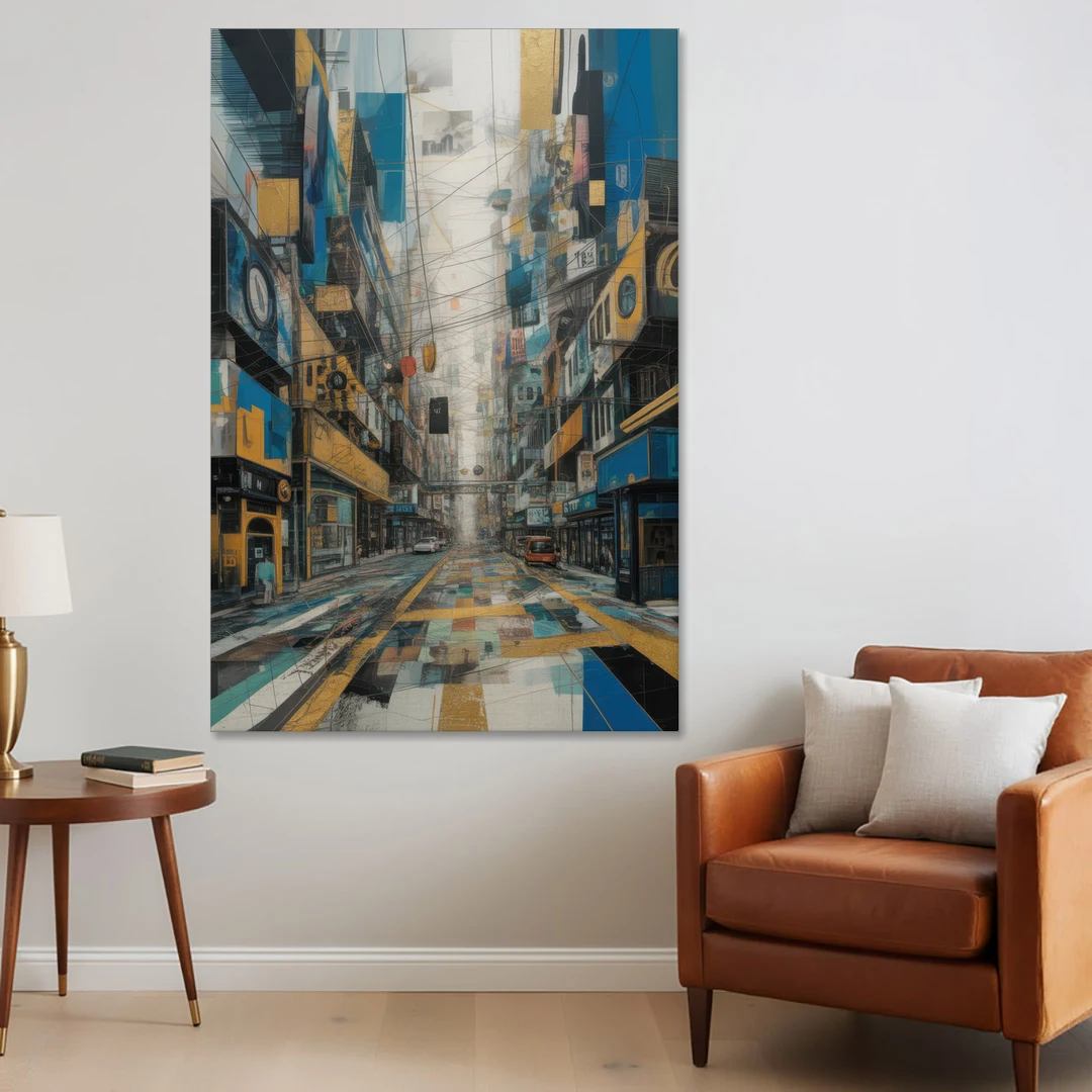 Dynamic Urban Layers Blue and Gold Abstract - Canvas Wall Art - Sofa - 40x60