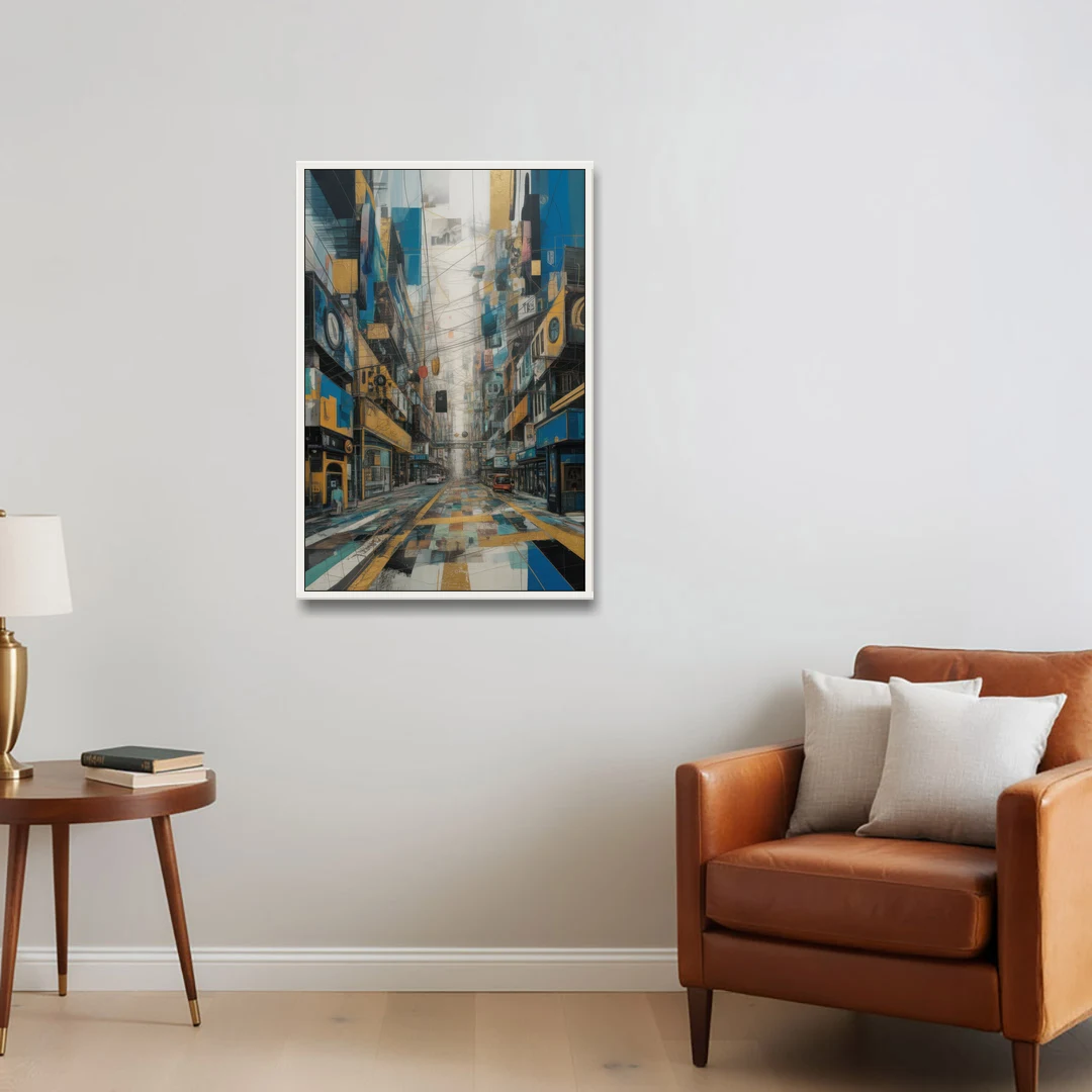 Dynamic Urban Layers Blue and Gold Abstract - White Framed Canvas Wall Art - Sofa - 24x36