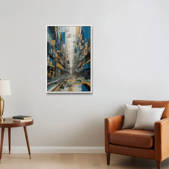 Dynamic Urban Layers Blue and Gold Abstract - White Framed Canvas Wall Art - Sofa - 24x36