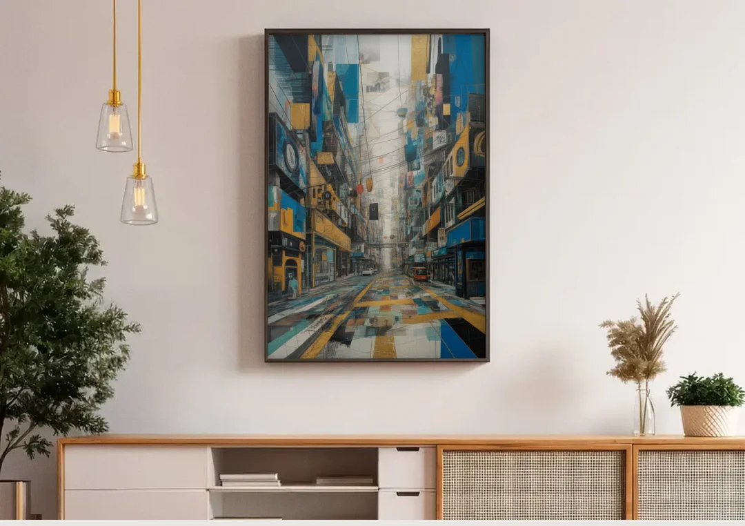 Dynamic Urban Layers Blue and Gold Abstract canvas wall art above a wooden sideboard under pendant lights