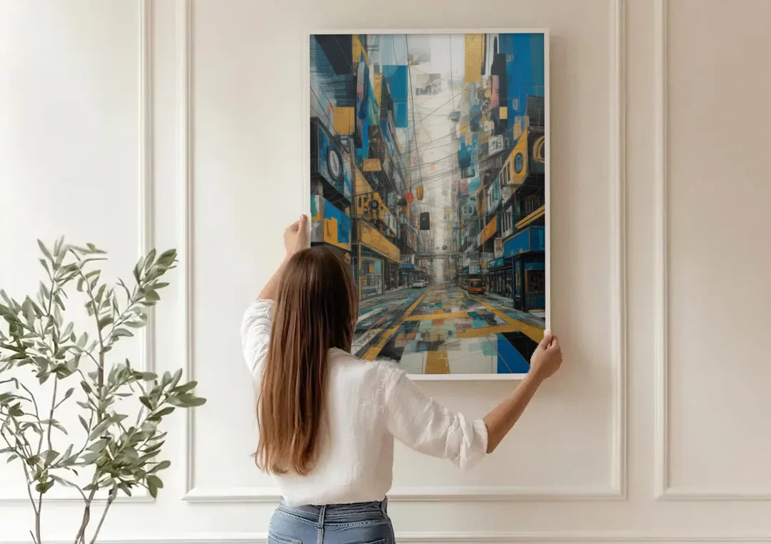 Dynamic Urban Layers Blue and Gold Abstract canvas wall art being hung on a paneled wall