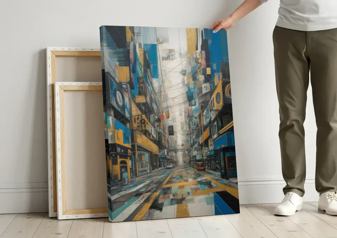 Dynamic Urban Layers Blue and Gold Abstract canvas wall art leaning against a wall next to blank canvases