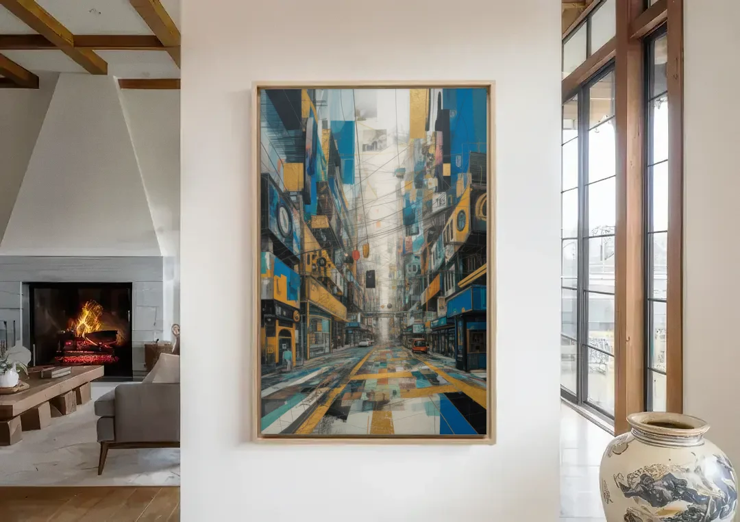 Dynamic Urban Layers Blue and Gold Abstract canvas wall art in a living room with a fireplace
